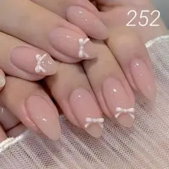 ネイルチップ (№) ワンホン　韓国　リボン　ピンク　白　フレンチ　マグネット