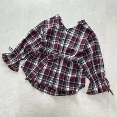 美品★BROWNY抜き襟 スキッパー フレアスリーブ チュニックベルト付チェックのサムネイル