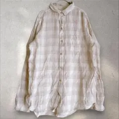 ダブルガーゼ チェック柄シャツ【L】綿100% ベージュ 羽織り 1点もの