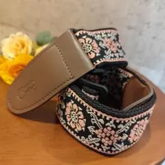 花柄 刺繍 ギターストラップ ベース ギター ブラック ピンク