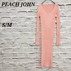 ピーチジョン✩S/M リブニットワンピース 長袖 Vネック 桃色 春秋 ボタン