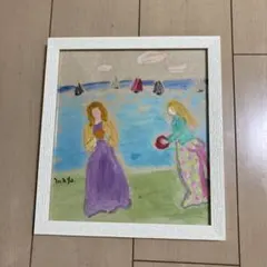 吉浦麻耶 絵画 海辺の少女達 1995年 額装