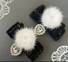 ファー付♡ハートツイードミニリボン　黒　ヘアクリップ 量産型　地雷　ゴスロリ