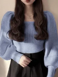 新品未使用タグ付【GLR】ボリュームスリーブショートニットトップス M