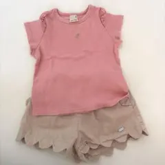 プティマイン ベージュ フリル付きショートパンツとTシャツセット