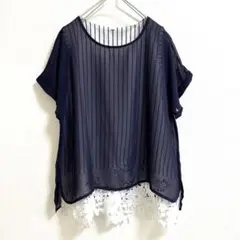 ブラウス シースルー 半袖シャツ レース裾 ストライプ ネイビー L