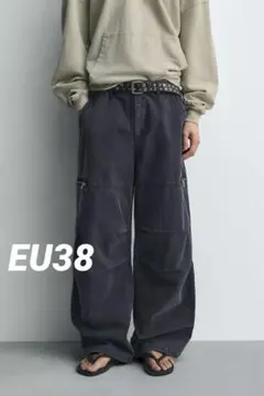 ZARA パラシュートカーゴパンツ 38 新品 ブルー ワイドのサムネイル