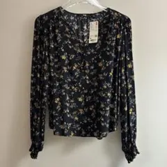 UNIQLO プリントVネックブラウス 長袖 ブラック M