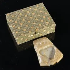 中国 玉石白玉彫刻 蝙蝠刻 玉器 玉壁 玉飾 玉珮 時代箱付 M R5495