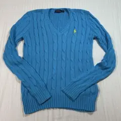 POLO RALPH LAUREN 水色 Vネックケーブルニットセーター S