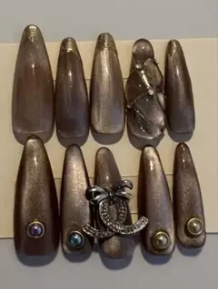 現品販売　No.11ブラウン系ロングネイルチップ10個セット