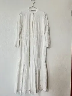 ZARA 刺繍ワンピース XS 七分袖 ホワイト