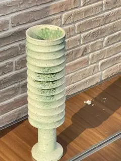 緑釉 花器 大型 筒型 竹節風 一輪挿し 民芸 信楽風 貫入 窯変 陶器