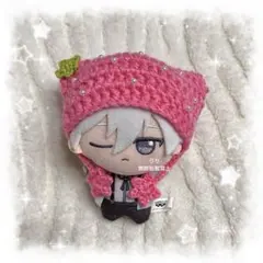 編み物 ちびぐるみ ぬい服 猫耳ニット帽 ピンクいちご