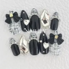 ネイルチップ ツイード リボン ビジュー ガーリー 韓国 量産型