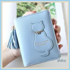 【新品】二つ折り財布 猫柄 水色 レディース ミニ財布 ウォレット ネコ ブルーのサムネイル