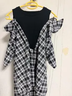 オフショルダー チェック柄 ドッキングTシャツのサムネイル