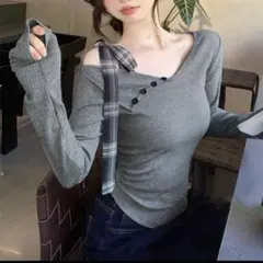 非対称リボン オープンショルダー ニットセーター 長袖トップス M