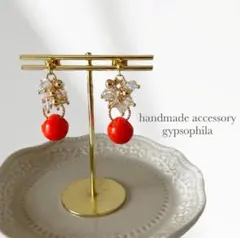 再販【No.178】ハンドメイドピアスイヤリング、レッド鈴丸、ジャラピ、ゴールド