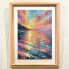 原画：ハガキサイズ】 夕日きらめく海 オイルパステル画 - メルカリ