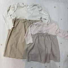 ホワイトとベージュの長袖ワンピース おそろい　80 110