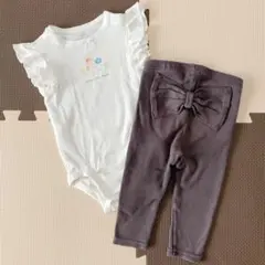お花柄肩フリルが可愛い半袖ロンパース✖️ビックリボンブラウンパンツ２点セット75㎝
