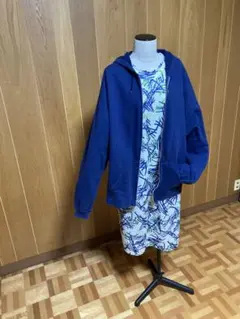 ヘインズ　ネイビー　前ファスナー開きフードパーカー　裏起毛ロング丈