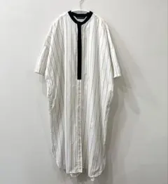 mizuiroind　ストライプ　バンドカラーシャツワンピース　半袖　マキシ