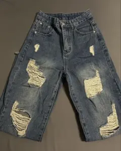 ダメージ加工インディゴブルーワイドデニムパンツ