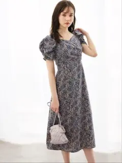 フラワープリント パフスリーブ ロングワンピース 大人女子　キレイめ