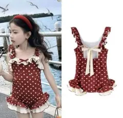 赤とクリームの水玉模様ワンピース水着120cm