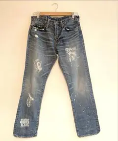 Y2Kグランジ ペイント加工 パッチワークリペア ストレートデニムパンツ 