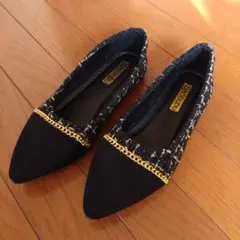 ツイードバイカラーフラットシューズ　ブラック23.5センチ　パンプス