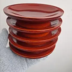 【飛騨春慶塗　5寸　高台付"銘々皿×5客】天然木製　未使用/長期保管品のサムネイル