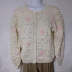 カーディガン トップス 刺繍 ウール セーター ビージュ 花柄