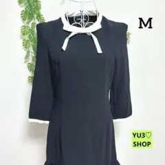 アメリ・M 七分袖ミニワンピース リボン フリル ブラック/アイボリー