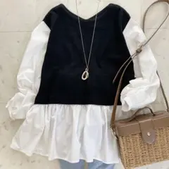 美品　WEB限定　SHIPS コンビ2WAYロングスリーブブラウス　黒×白