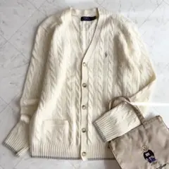現行【ラルフローレン】ケーブルニットカーディガン　カシミヤ　ポニーロゴ　白　QR