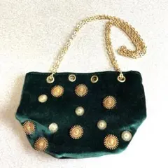 ダークグリーン ベルベット パーティーバッグ　ゴールドチェーン付き