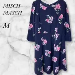 ミッシュマッシュ　ワンピース　ミニ丈　 フラワープリント　五分袖　M　ネイビー