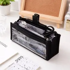 クリア ペンケース 大容量 透明 文房具ポーチ 収納ポーチ 黒 ブラック 自立型