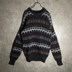 【美品】ヴィンテージウールニット 柄セーター ビッグサイズ XL ダークグレー