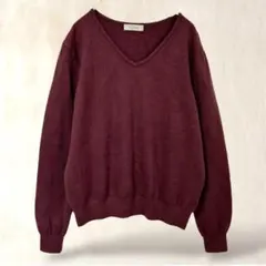 長袖ニット　Ｖネック　M　パープル　シンプル　カジュアル　レーヨン混　無地　秋冬