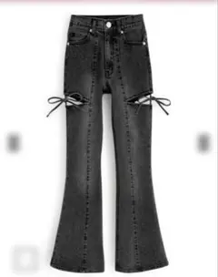 サイドカットアウトリボンフレアデニムパンツ　cu578