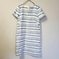 【ポールカ】極美品 ボーダー柄キーネック半袖ワンピース ブルー 38のサムネイル