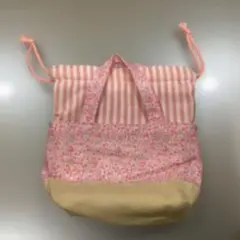ハンドメイド 巾着トートバッグ ピンク花柄