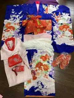 七五三　7歳　女児　青色 花柄 着物 フルセット