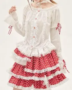 袖取り外しトップス＋赤水玉フリルスカートセット｜後ろ編み上げ調節可