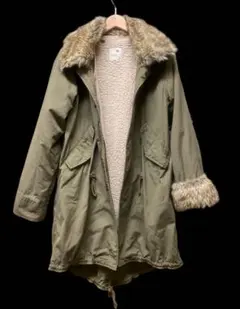 earth ファー取外し可能 オリーブグリーンモッズコート ボア ミニタリー
