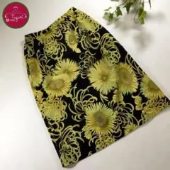 レトロ ひざ丈 スカート 花柄 タイト 古着 黒 黄 緑のサムネイル
